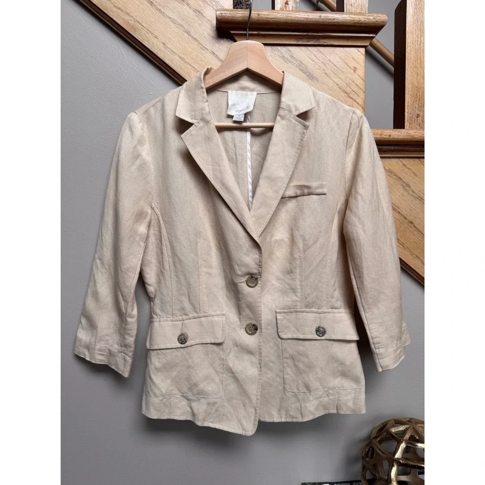aryn k. Women Linen Blend Blazer M Beige Neutral Travel Resort Minimalist Career